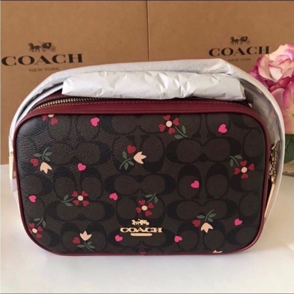 Coach Jes Red Leather Crossbody In Signature Canvas With Heart Petal Print - Picture 5 of 11